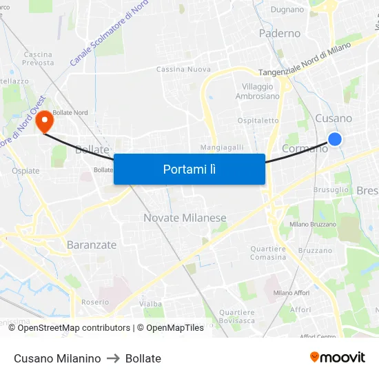 Cusano Milanino to Bollate map