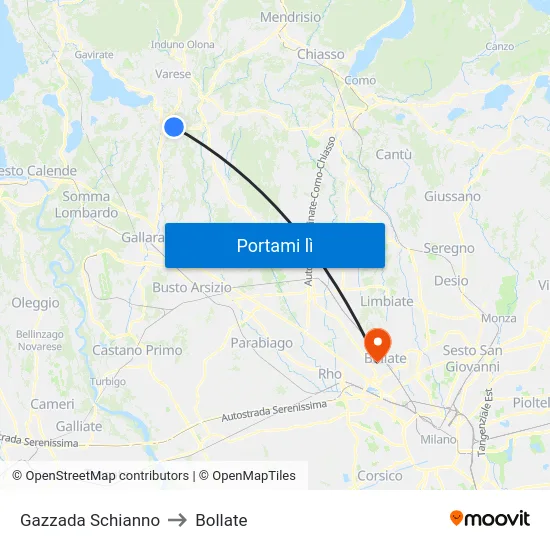 Gazzada Schianno to Bollate map