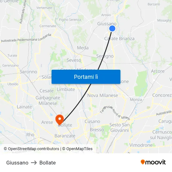 Giussano to Bollate map