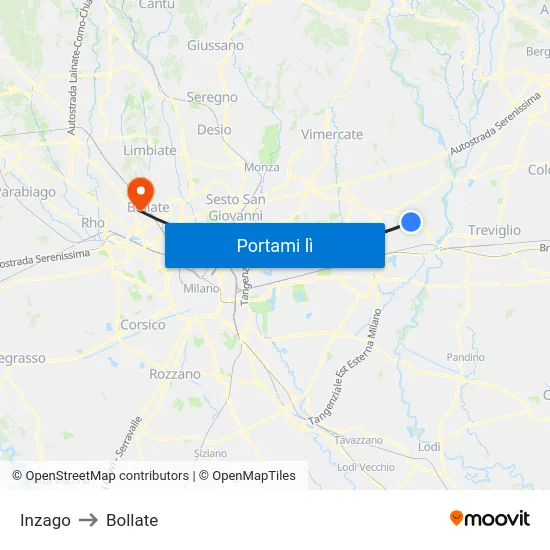 Inzago to Bollate map