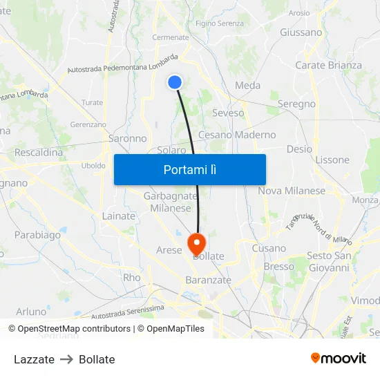 Lazzate to Bollate map