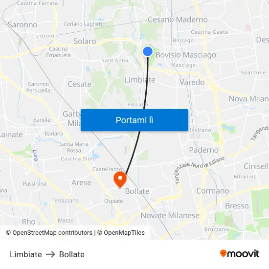 Limbiate to Bollate map