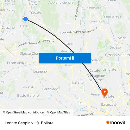 Lonate Ceppino to Bollate map