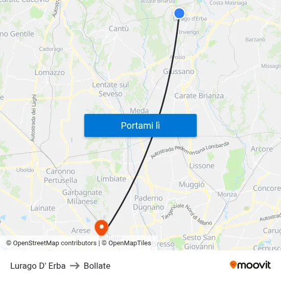 Lurago D' Erba to Bollate map