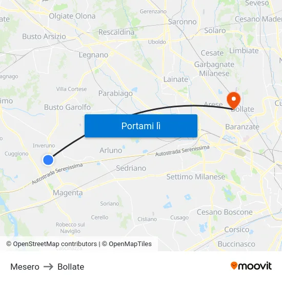 Mesero to Bollate map