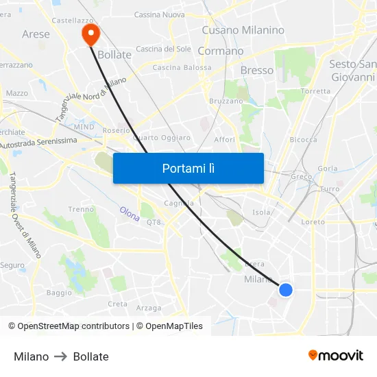 Milano to Bollate map