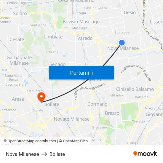 Nova Milanese to Bollate map