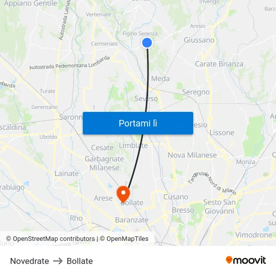 Novedrate to Bollate map