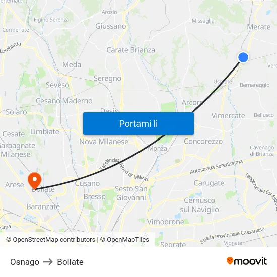 Osnago to Bollate map
