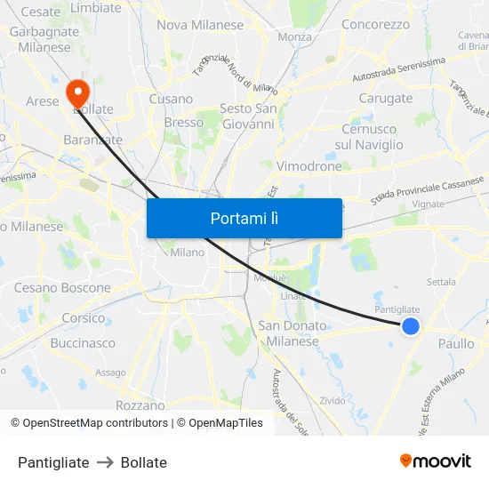 Pantigliate to Bollate map