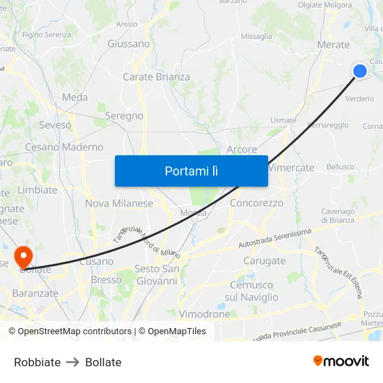 Robbiate to Bollate map