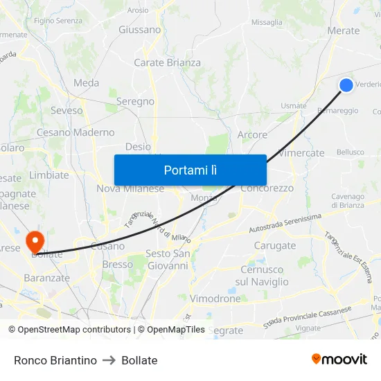 Ronco Briantino to Bollate map