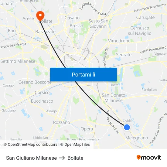 San Giuliano Milanese to Bollate map