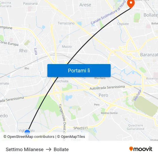 Settimo Milanese to Bollate map