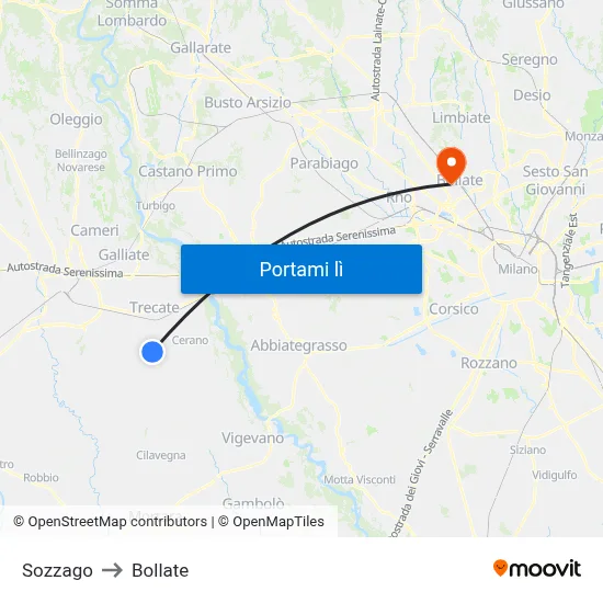 Sozzago to Bollate map