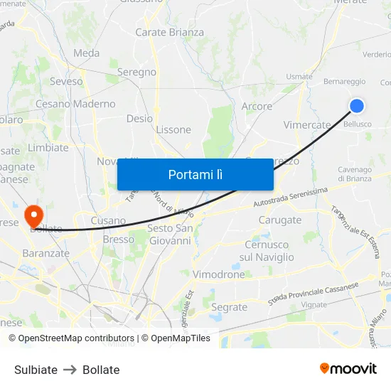 Sulbiate to Bollate map