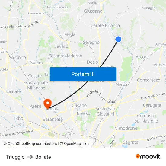 Triuggio to Bollate map