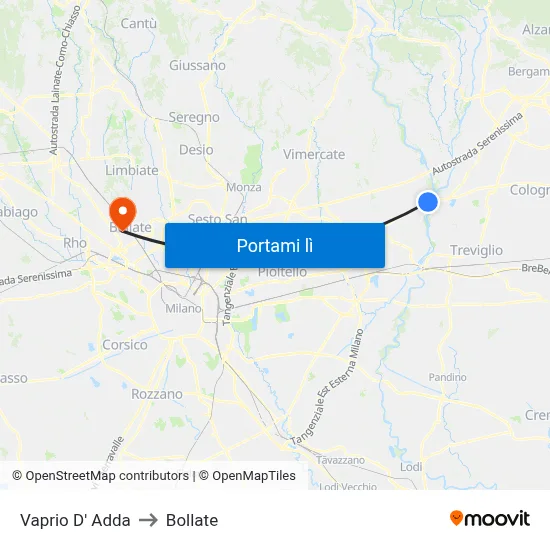 Vaprio D' Adda to Bollate map