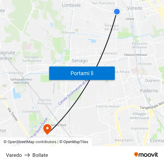 Varedo to Bollate map