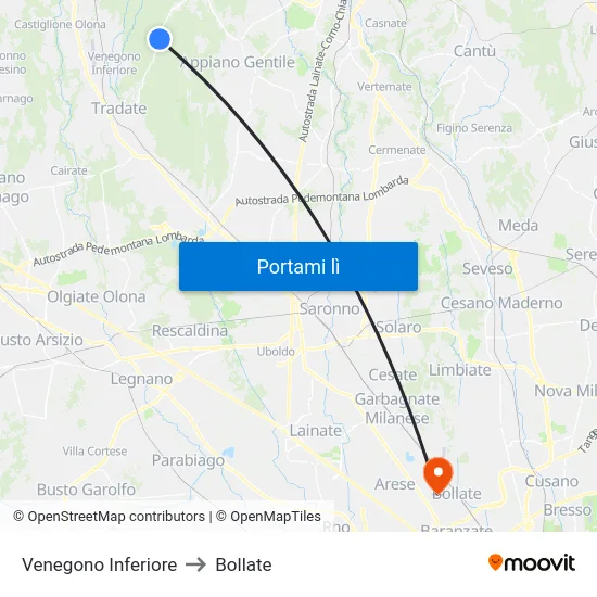 Venegono Inferiore to Bollate map