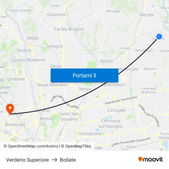 Verderio Superiore to Bollate map