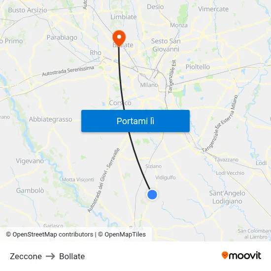 Zeccone to Bollate map