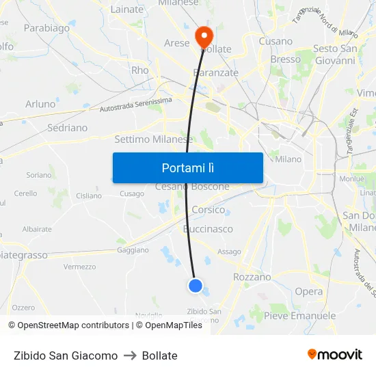 Zibido San Giacomo to Bollate map