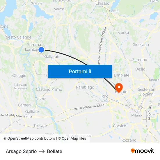 Arsago Seprio to Bollate map