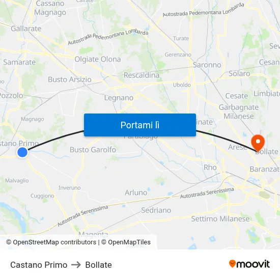 Castano Primo to Bollate map