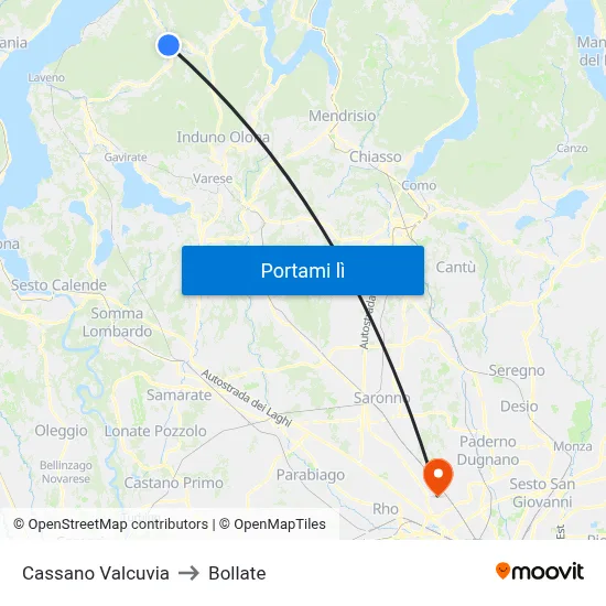 Cassano Valcuvia to Bollate map