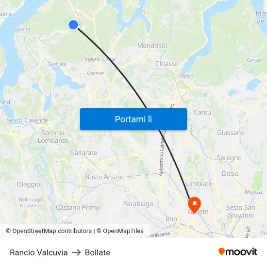 Rancio Valcuvia to Bollate map