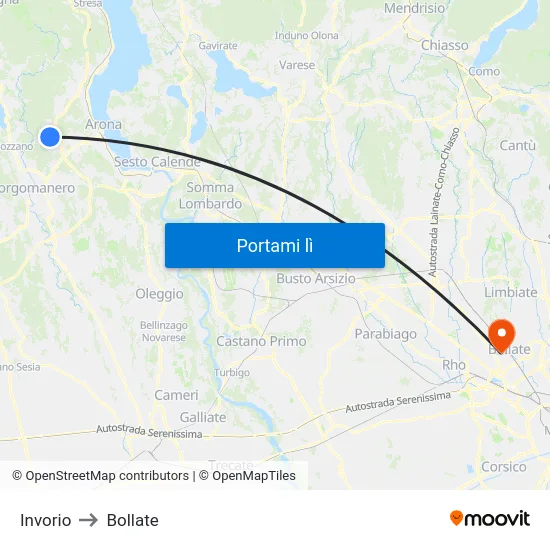Invorio to Bollate map