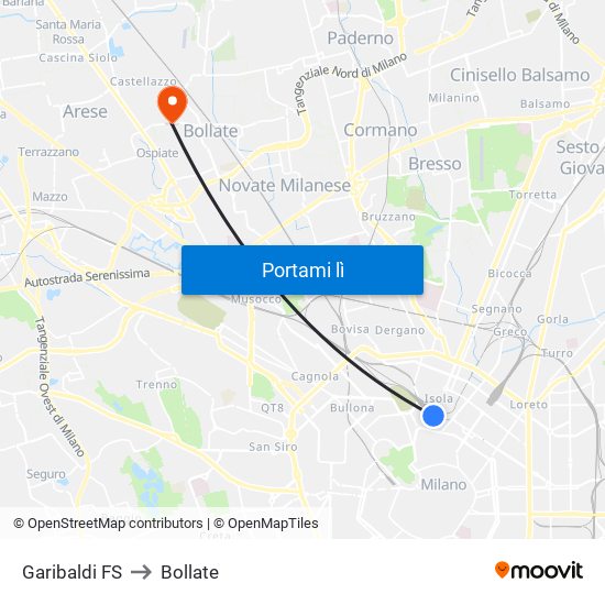 Garibaldi FS to Bollate map