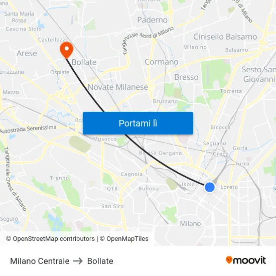 Milano Centrale to Bollate map