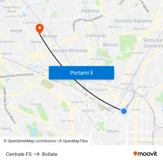 Centrale FS to Bollate map
