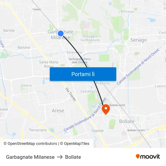 Garbagnate Milanese to Bollate map