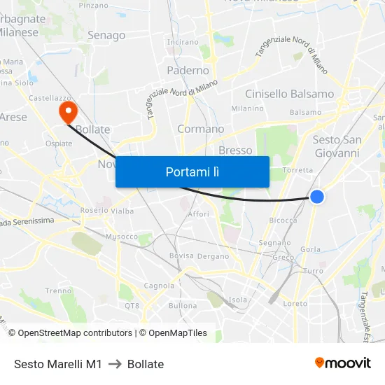 Sesto Marelli M1 to Bollate map