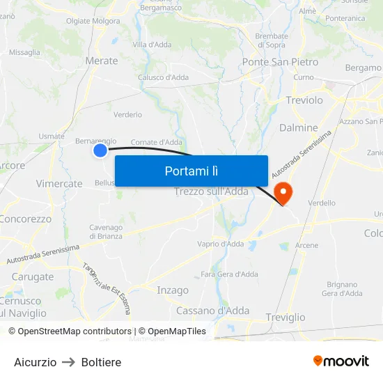 Aicurzio to Boltiere map