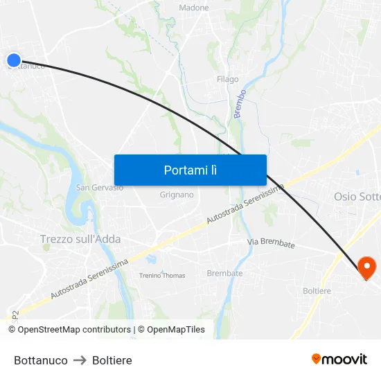 Bottanuco to Boltiere map
