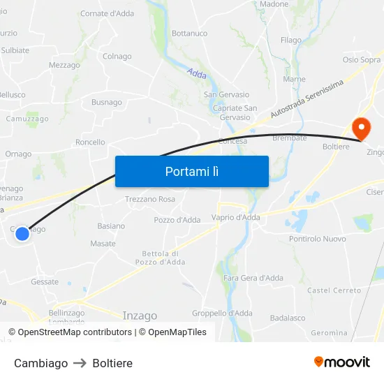 Cambiago to Boltiere map