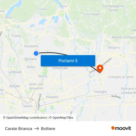 Carate Brianza to Boltiere map