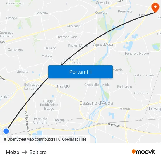 Melzo to Boltiere map