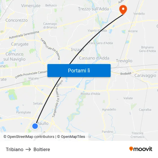 Tribiano to Boltiere map
