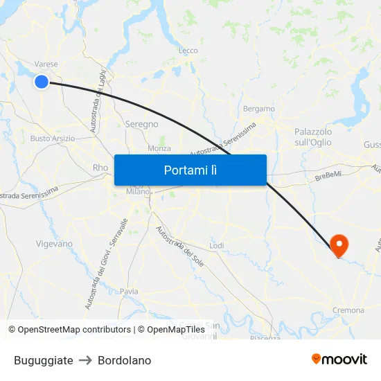 Buguggiate to Bordolano map