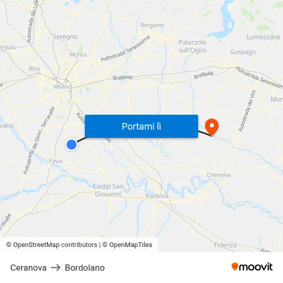 Ceranova to Bordolano map