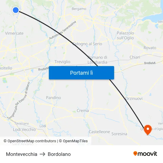 Montevecchia to Bordolano map