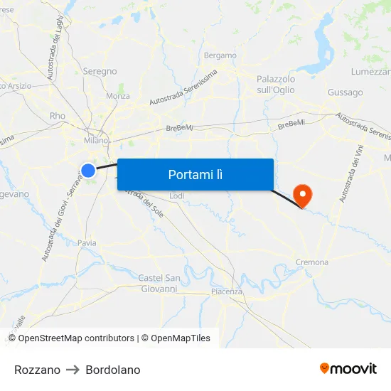 Rozzano to Bordolano map