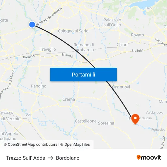 Trezzo Sull' Adda to Bordolano map