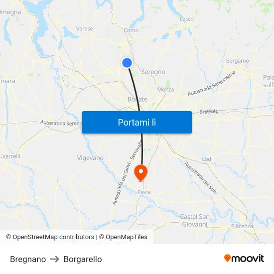 Bregnano to Borgarello map