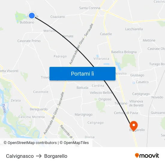 Calvignasco to Borgarello map
